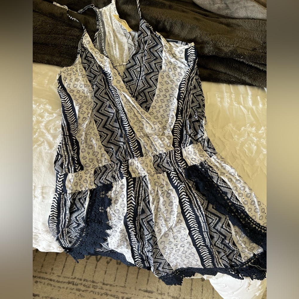 Ocean Drive Blue and White Patterned Romper with Lace Detail